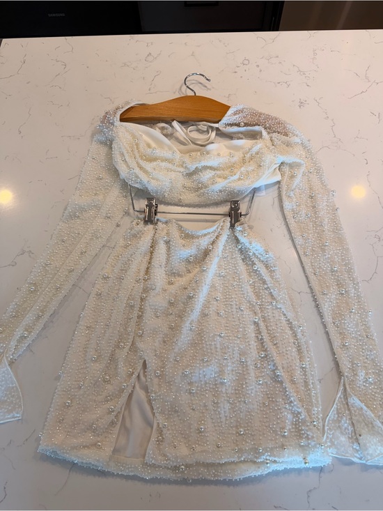 Oh Polly Other - Oh Polly White Pearl-Embellished Long Sleeve Mini Dress